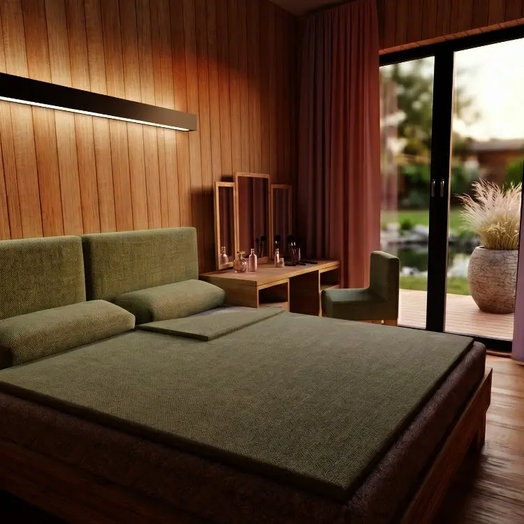 Schlafzimmer mit Holzwand in einem EuerHaus